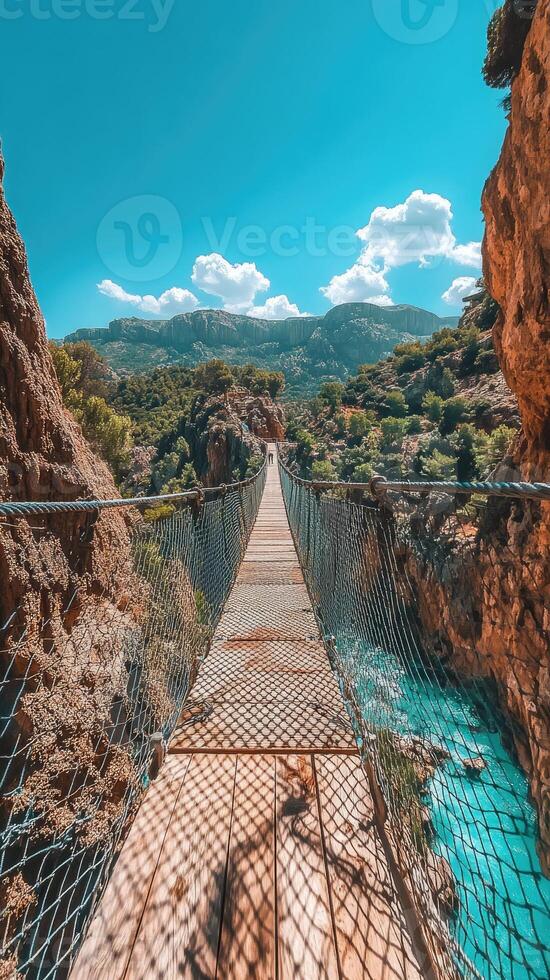 Tourists walking on hanging bridge over river in scenic mountains photo