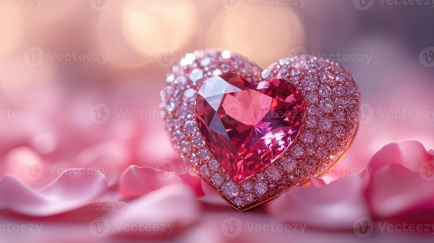 Pink heart-shaped diamond pendant setting on rose petals symbolizing love and romance photo