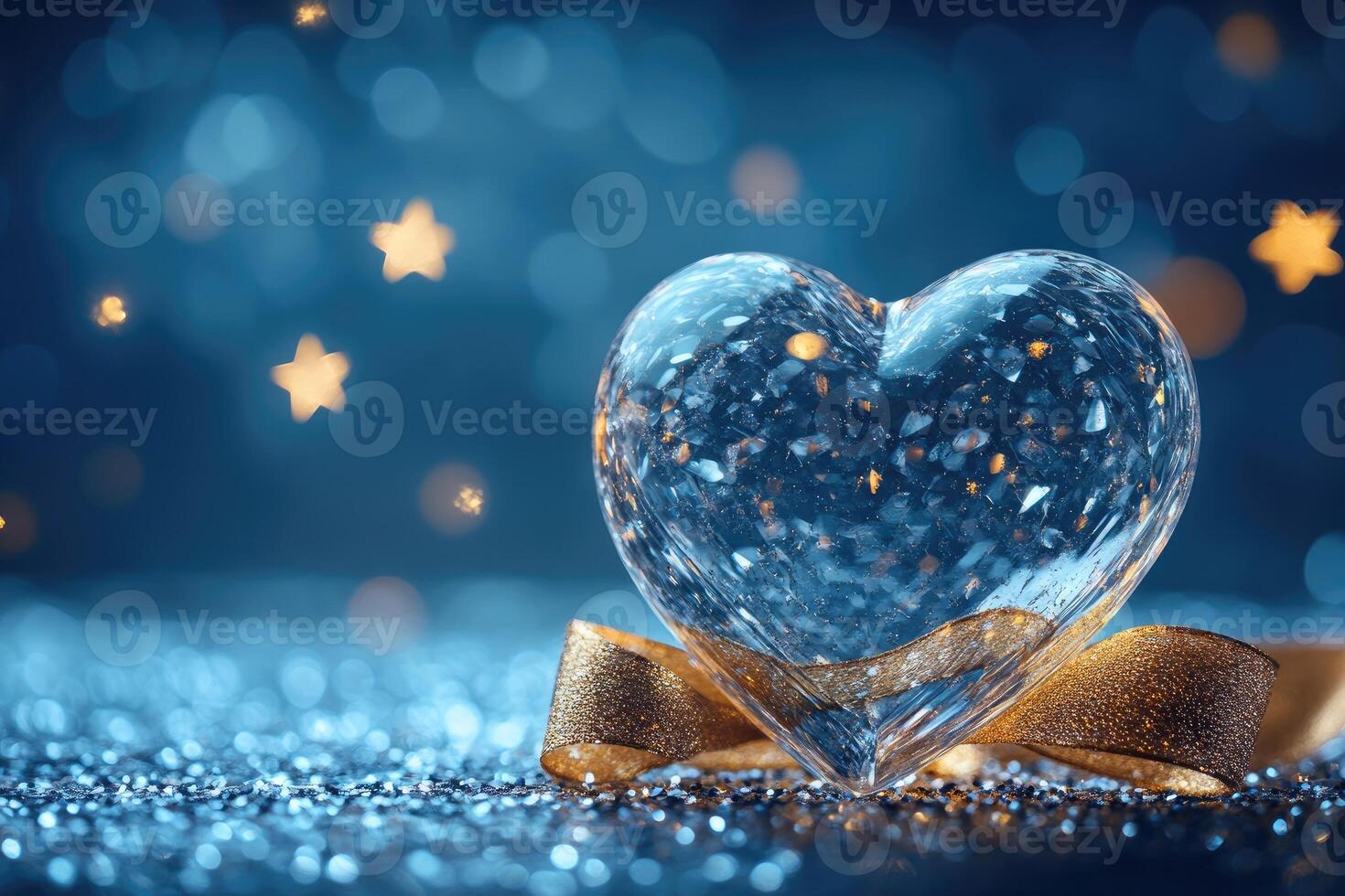 Crystal heart reflecting on a sparkling surface with golden ribbon and star photo