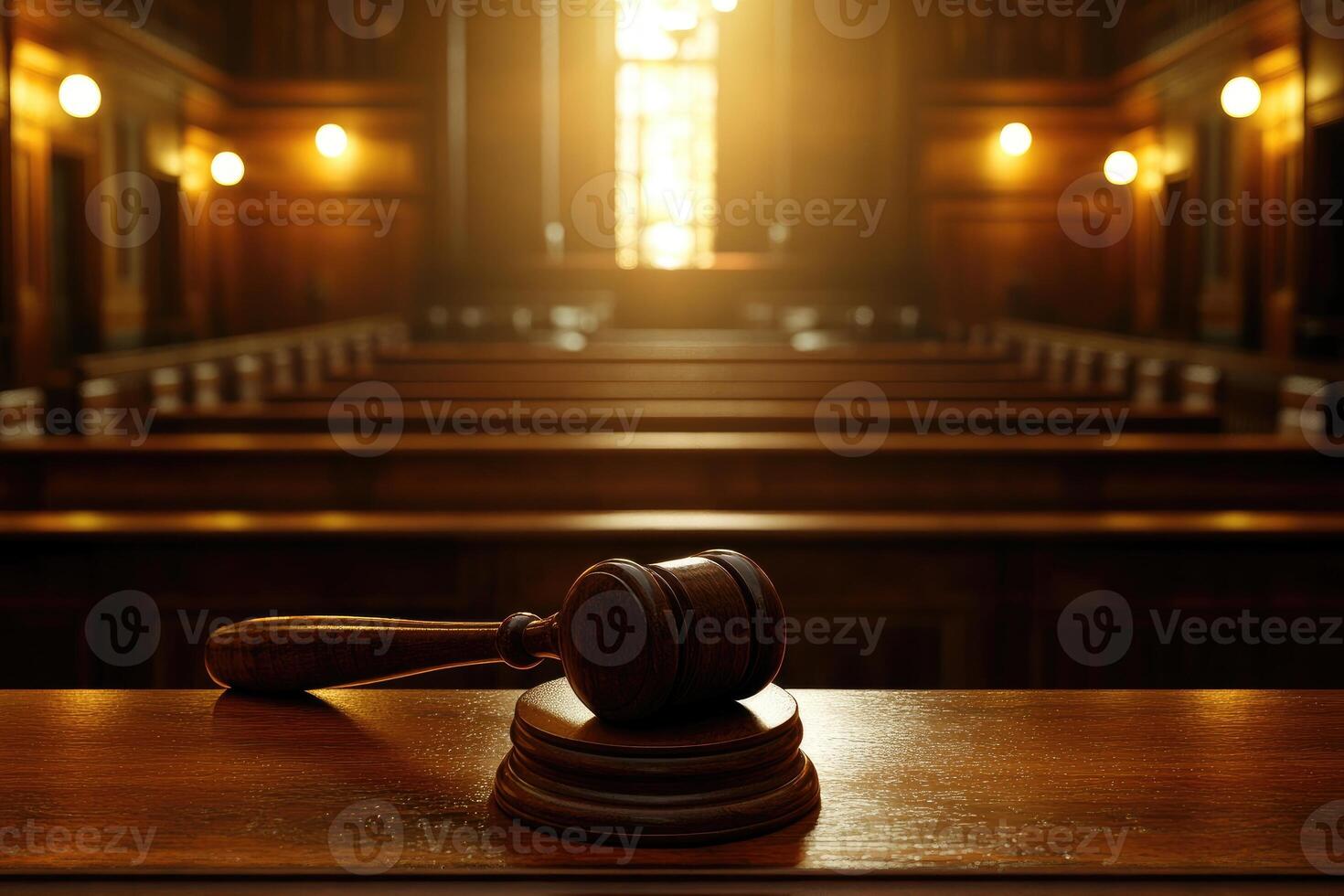 Gavel resting on judge's bench in empty courtroom with sunlight streaming through window photo