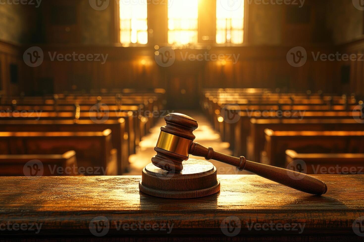 Gavel resting on judge's bench in empty courtroom with sunlight streaming through window photo