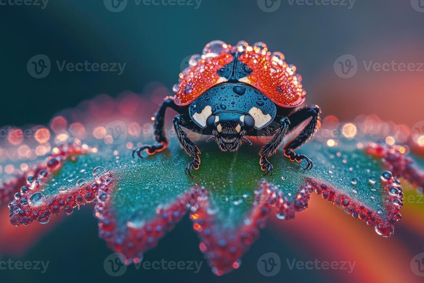 Ladybug walking on wet leaf at sunset photo