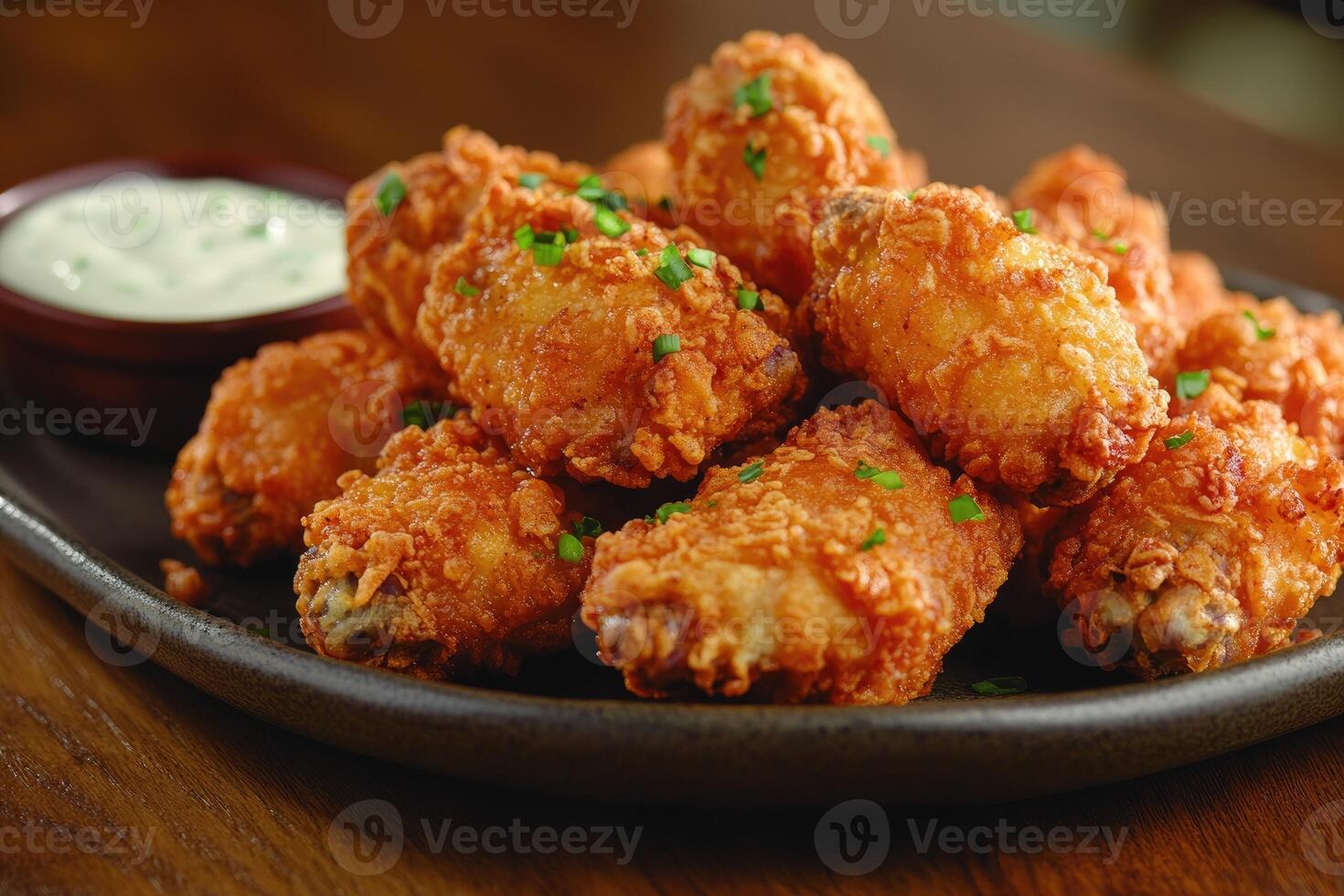 Delicious glazed chicken wings with ranch dressing on a plate photo