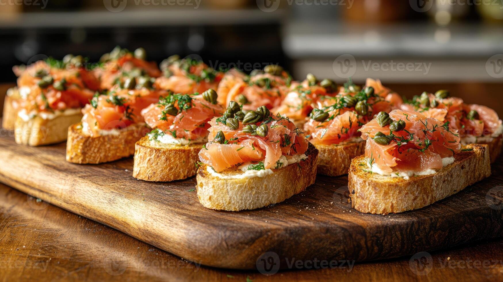 Delicious smoked salmon with cream cheese, capers, and dill on toasted baguette slices photo