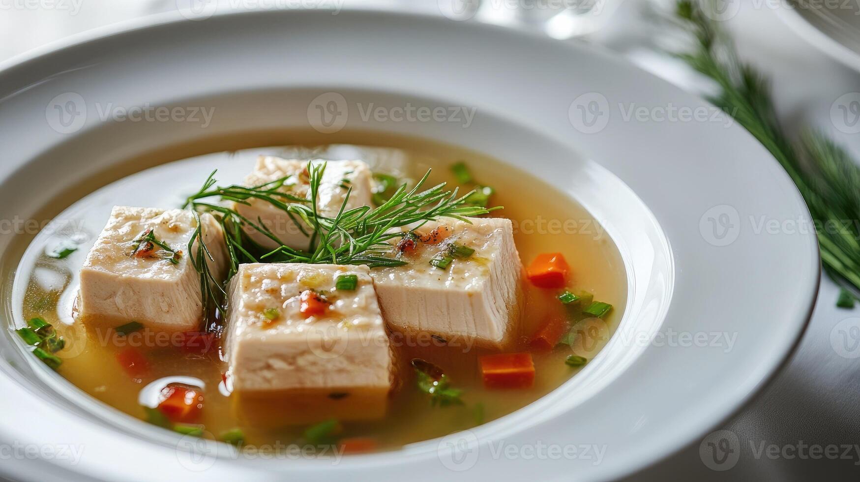 Fish meatball soup garnished with chopped scallions and chili peppers in bowl photo