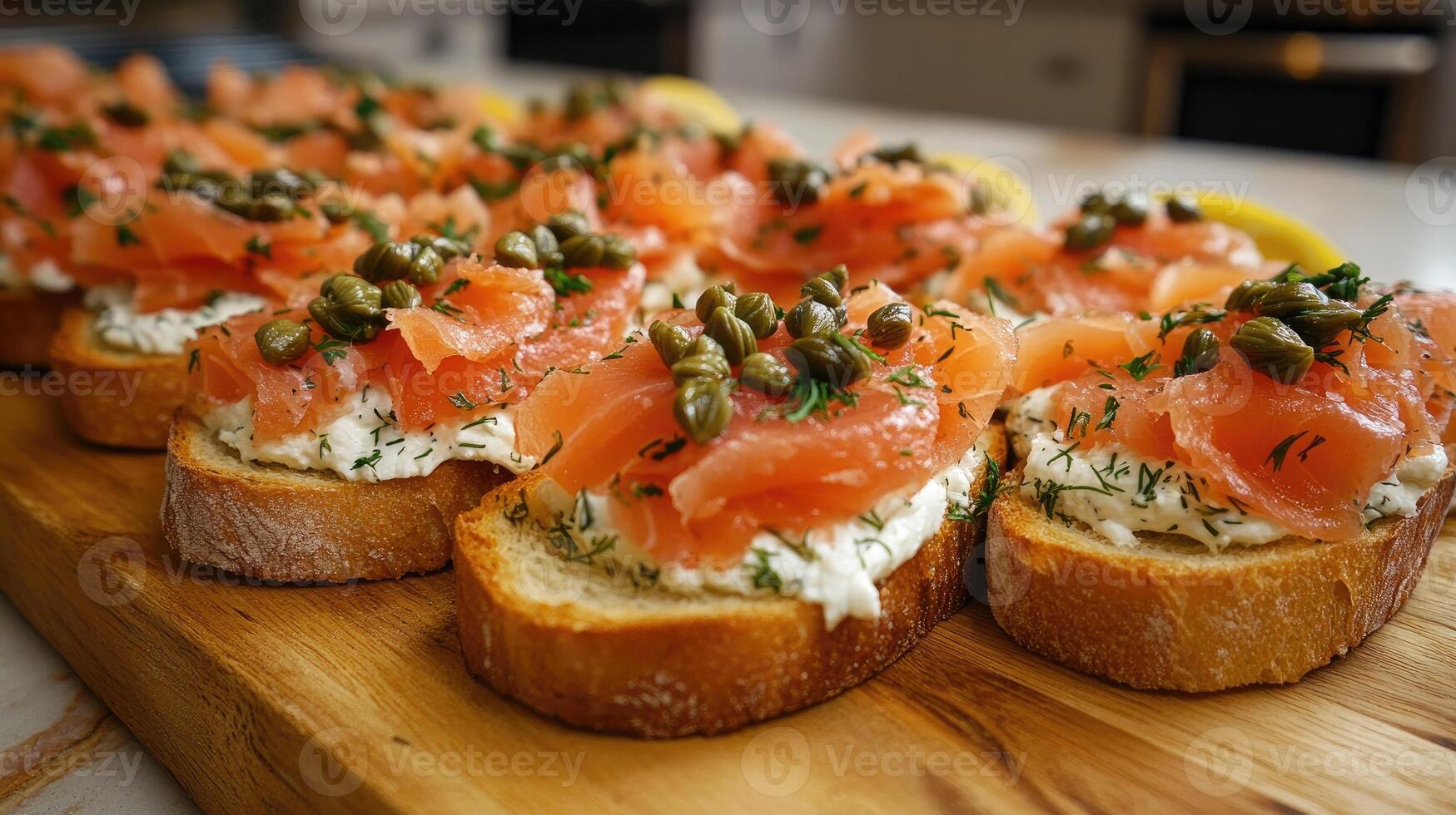 Delicious smoked salmon with cream cheese, capers, and dill on toasted baguette slices photo