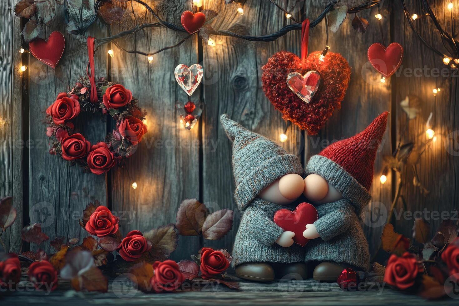 Two gnomes holding heart celebrating valentine's day with romantic decorations photo