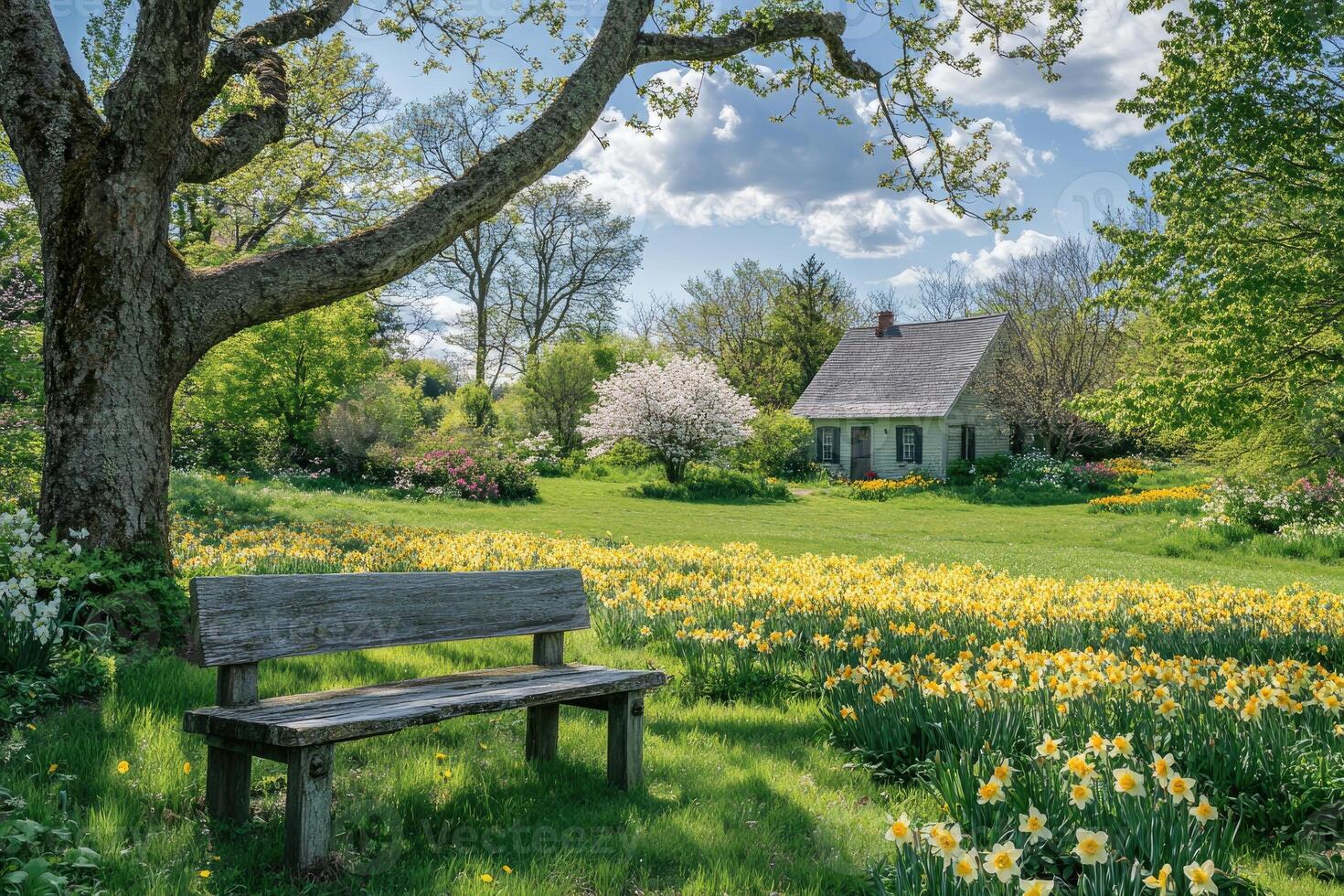 Relaxing green meadow with blooming daffodils and wooden bench in spring photo