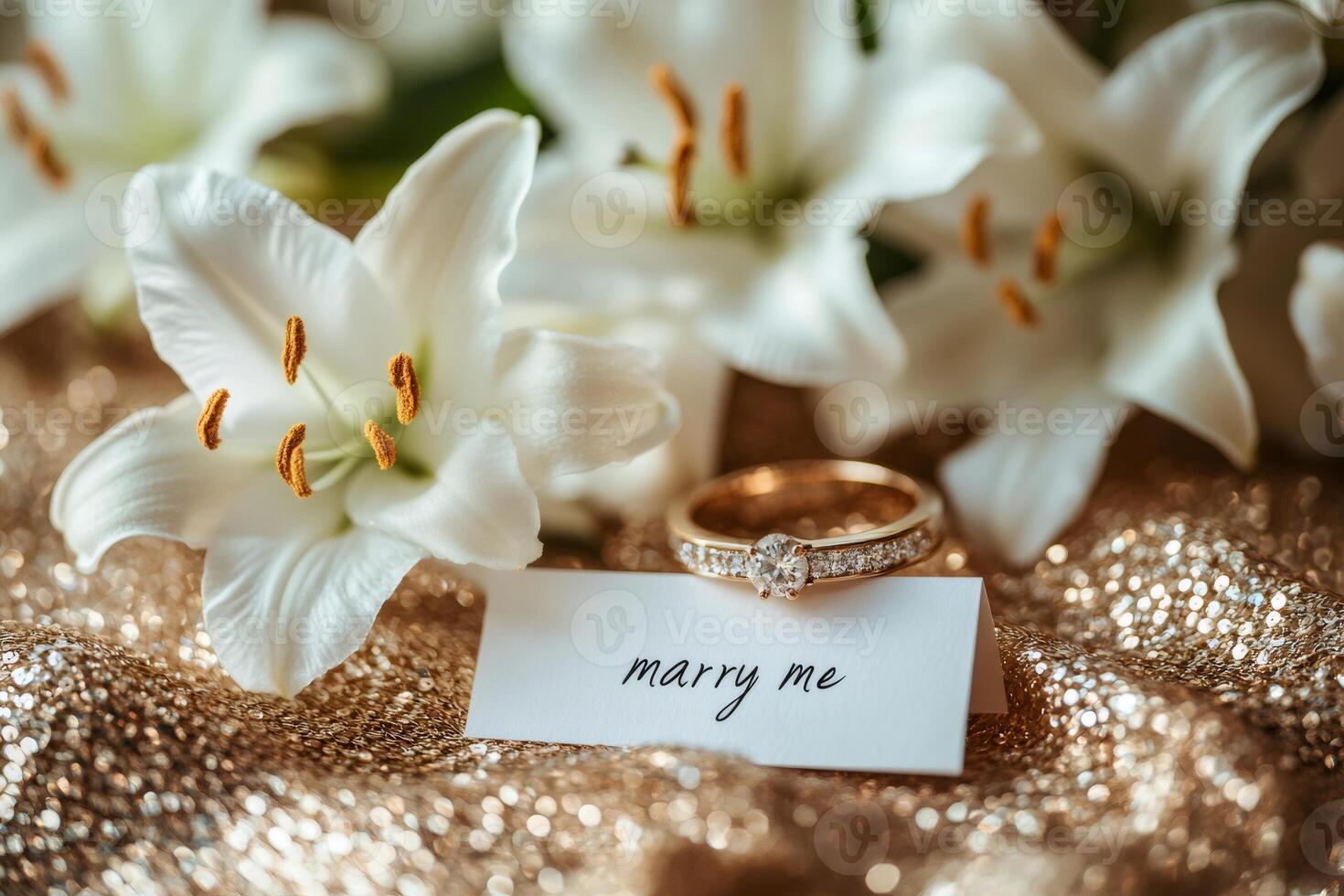 Golden engagement ring with marry me card and white lilies on gold sequins photo