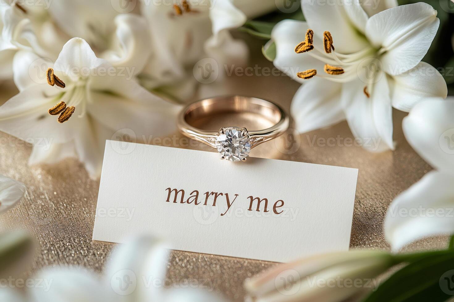 Golden engagement ring resting on marry me card surrounded by lilies photo