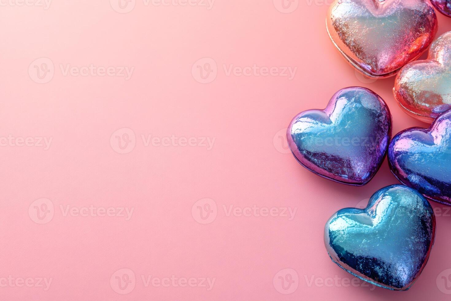 Shiny colorful hearts creating romantic atmosphere on pink background photo