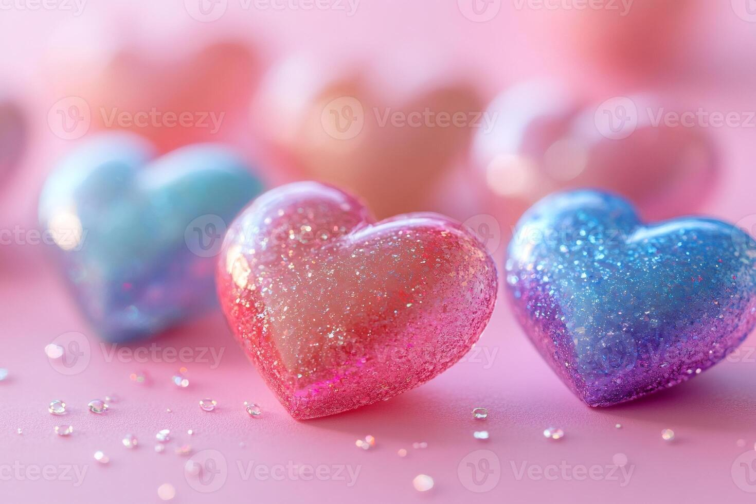 Glittering resin hearts creating romantic atmosphere on pink background photo