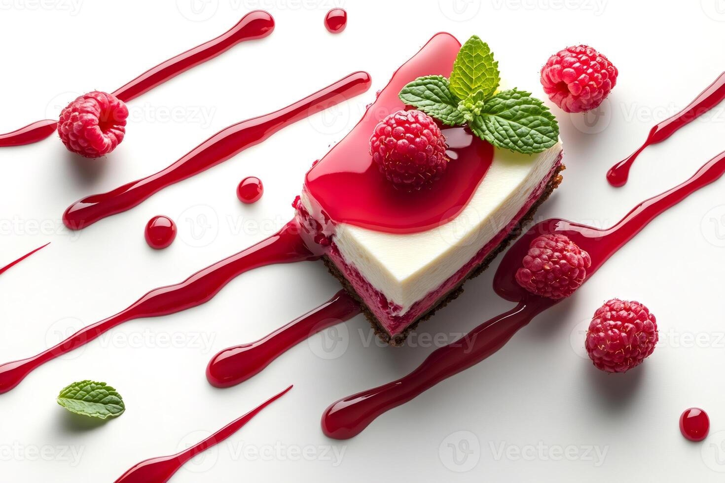 Delicious raspberry cheesecake with mint and drizzled raspberry sauce photo
