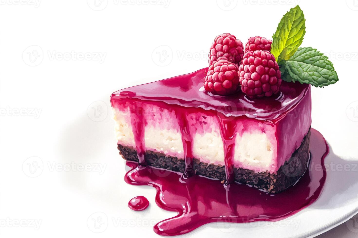 Delicious raspberry cheesecake dripping with sweet berry sauce photo