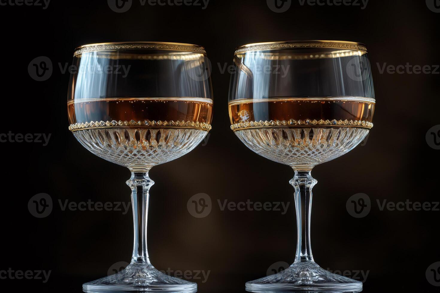 Two elegant crystal glasses with golden rim filled with sparkling wine on dark background photo