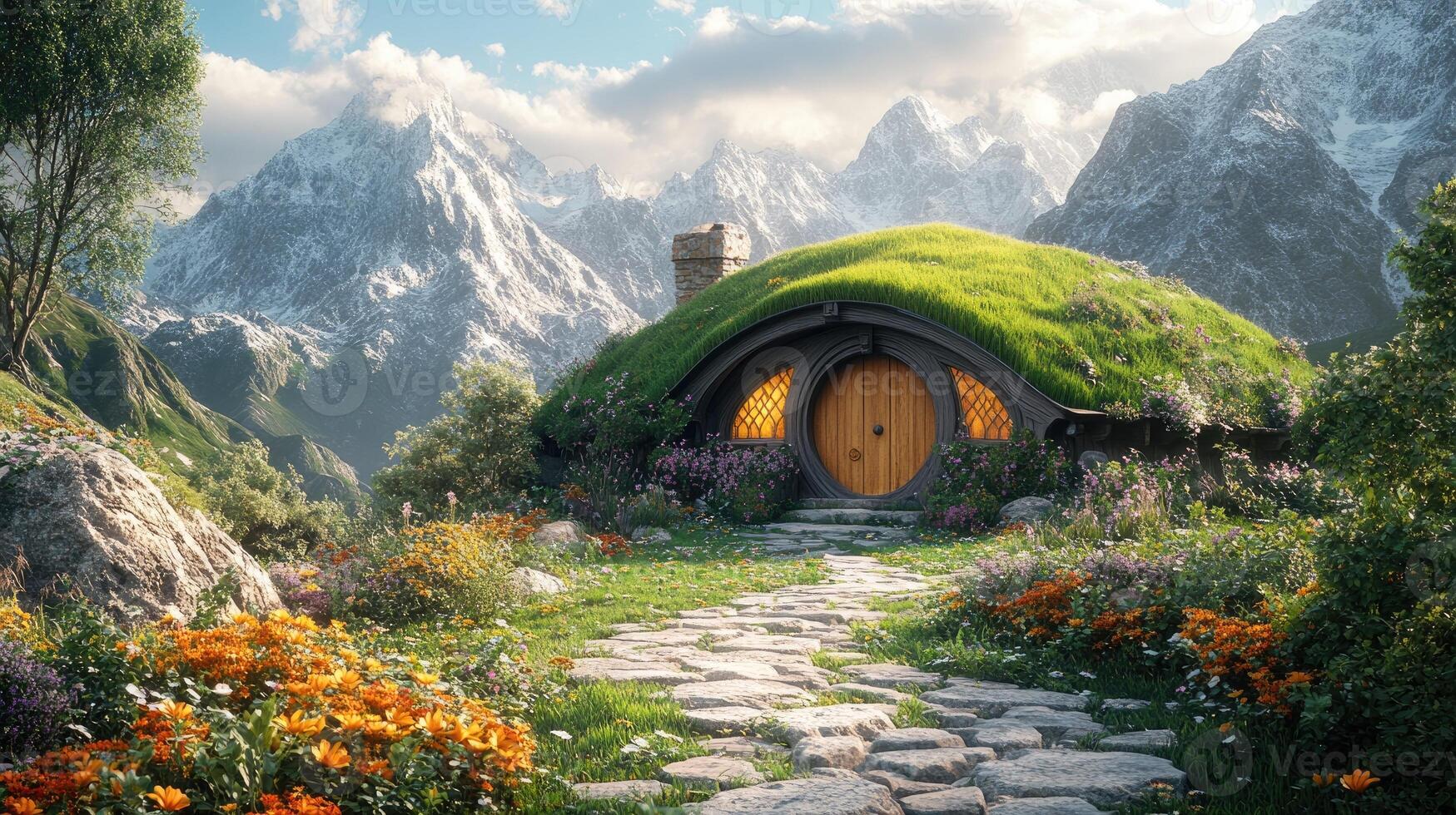 Cozy hobbit house nestled in a blooming mountain valley at sunrise photo