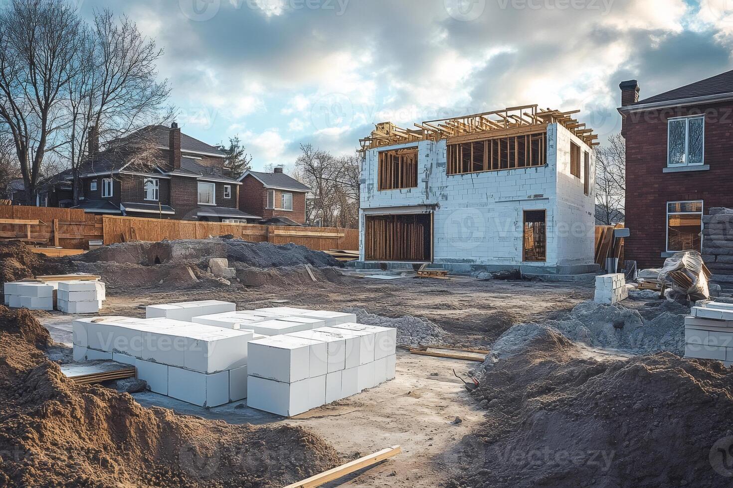 Construction site with concrete blocks and unfinished building photo