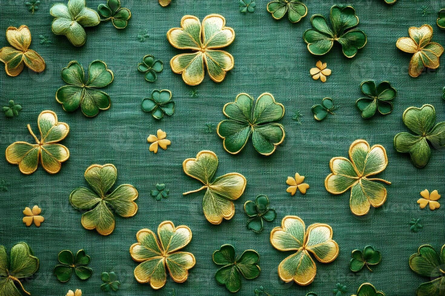 Embroidered four-leaf clovers forming repeating pattern on green fabric photo