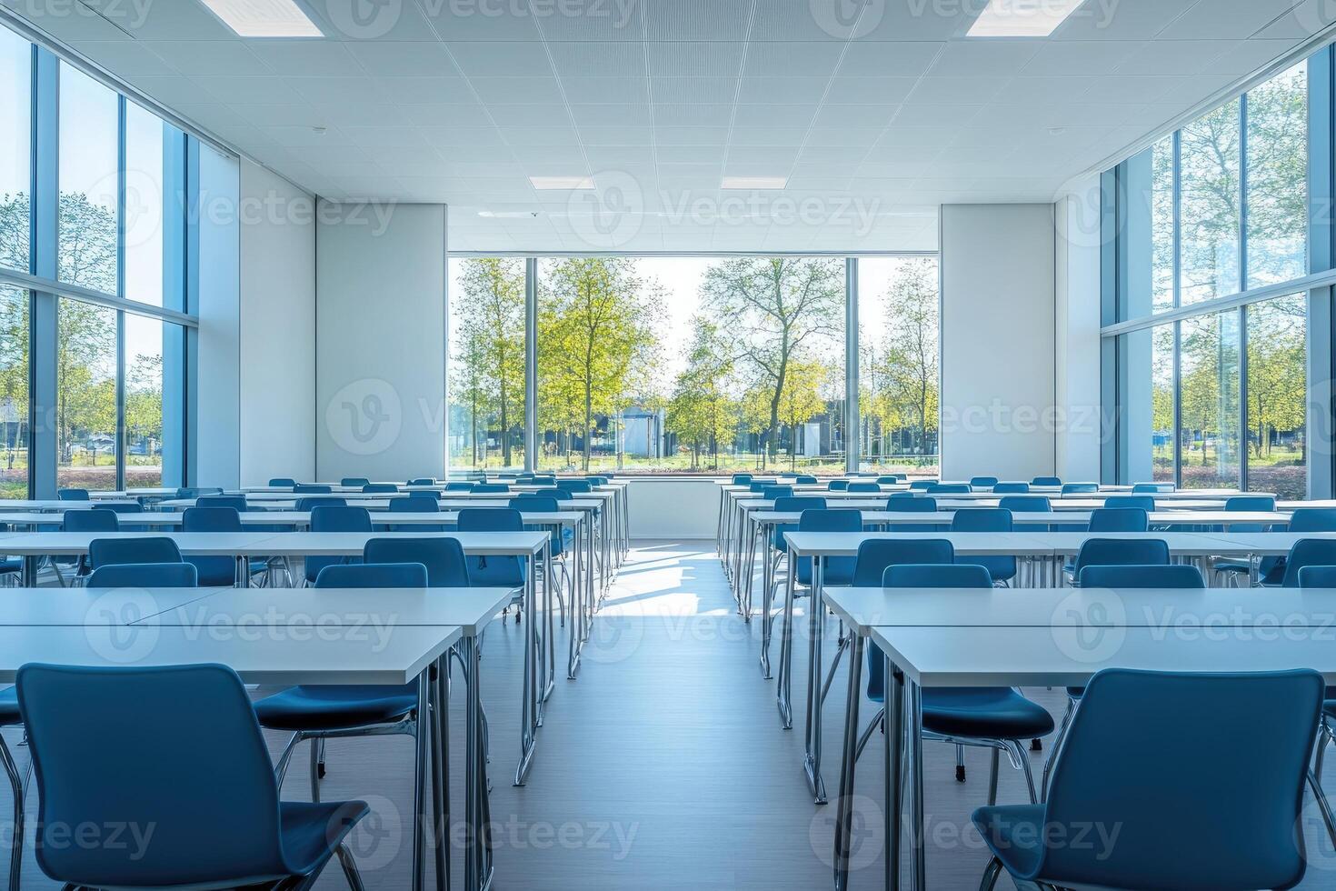 Modern canteen interior with blue chairs and white tables in a bright room photo