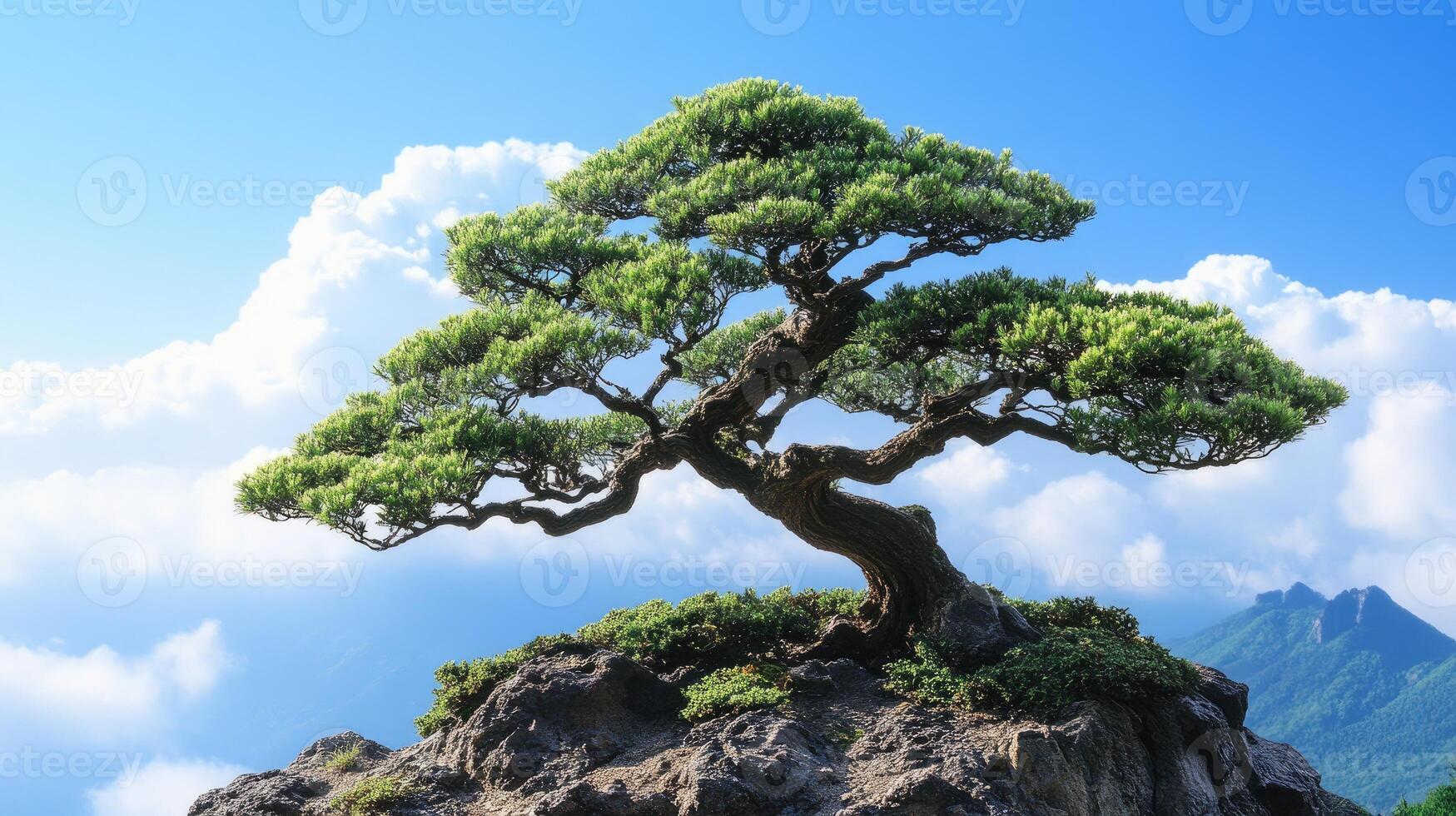 Bonsai tree growing on a mountain top with blue sky and clouds photo