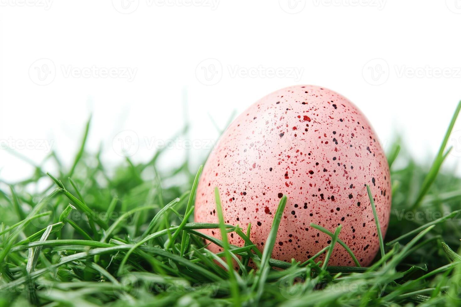 Pink easter egg hiding in green grass blades on white background photo