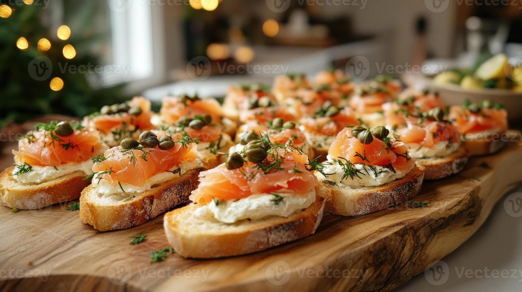 Delicious smoked salmon with cream cheese, capers, and dill on toasted baguette slices photo