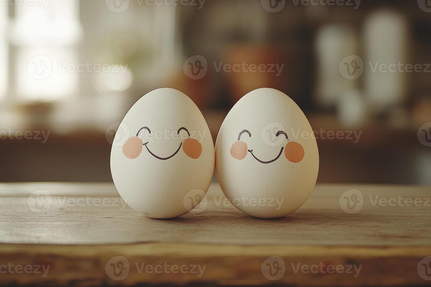 Two smiling eggs are sitting on a wooden table photo