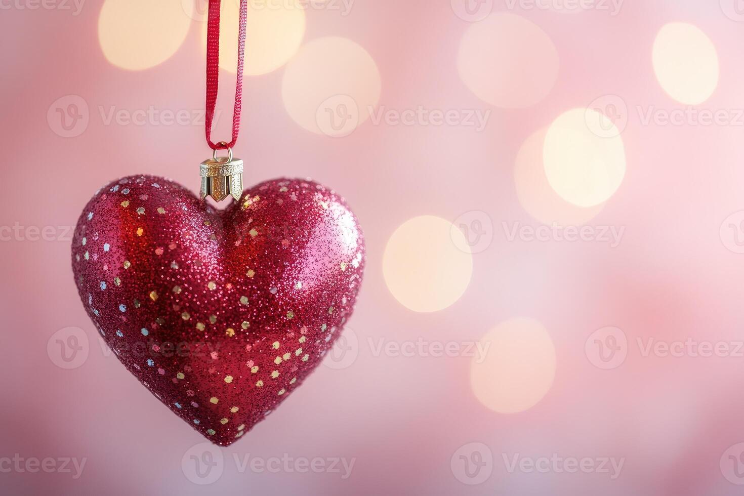 Glittery red heart ornament hanging on a ribbon against pink bokeh background photo