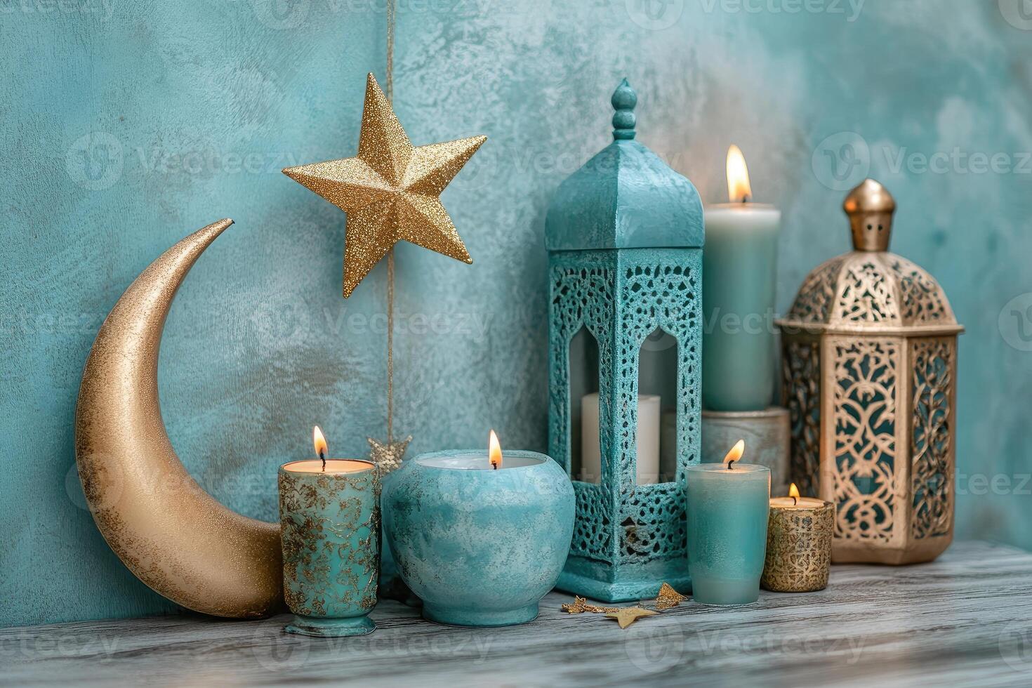 Islamic lanterns, crescent moon and stars creating festive atmosphere photo