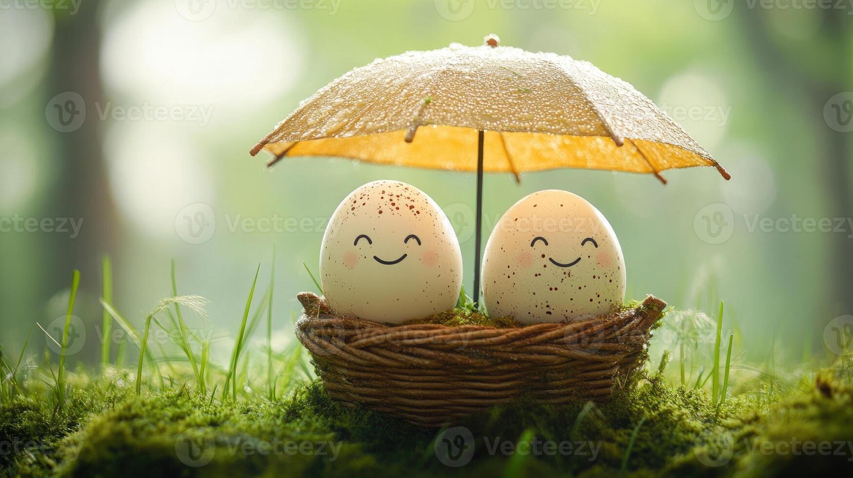 Two smiling eggs under umbrella in bird nest photo