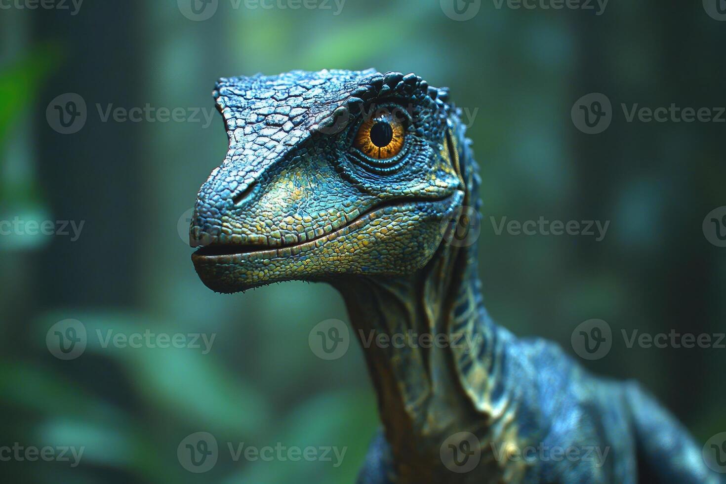 Blue raptor dinosaur emerging from lush prehistoric jungle photo