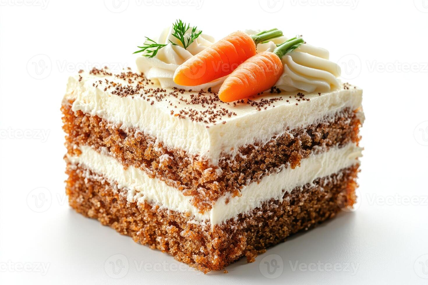 Delicious slice of carrot cake decorated with marzipan carrots and cream cheese frosting photo