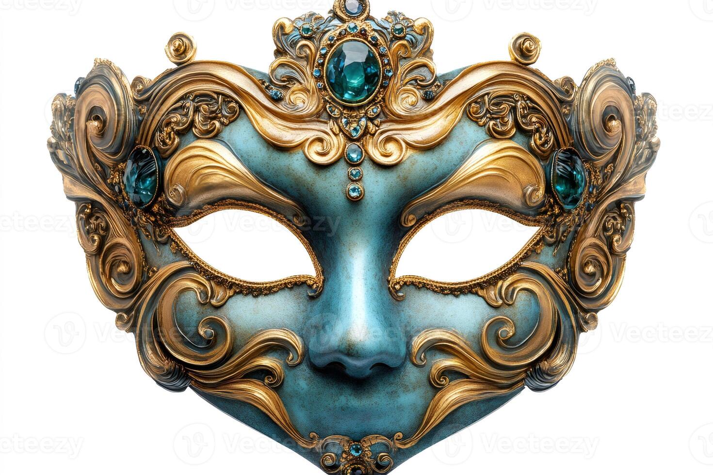 Venetian carnival mask exhibiting golden ornaments and teal base color photo
