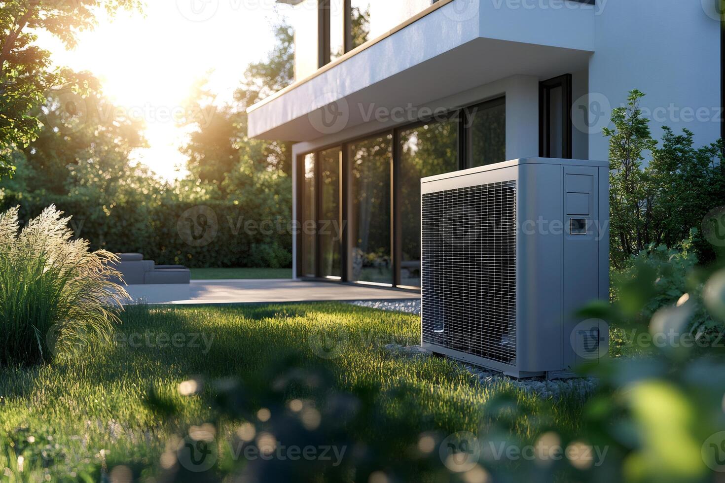 Heat pump providing sustainable climate control in modern house garden during sunset photo