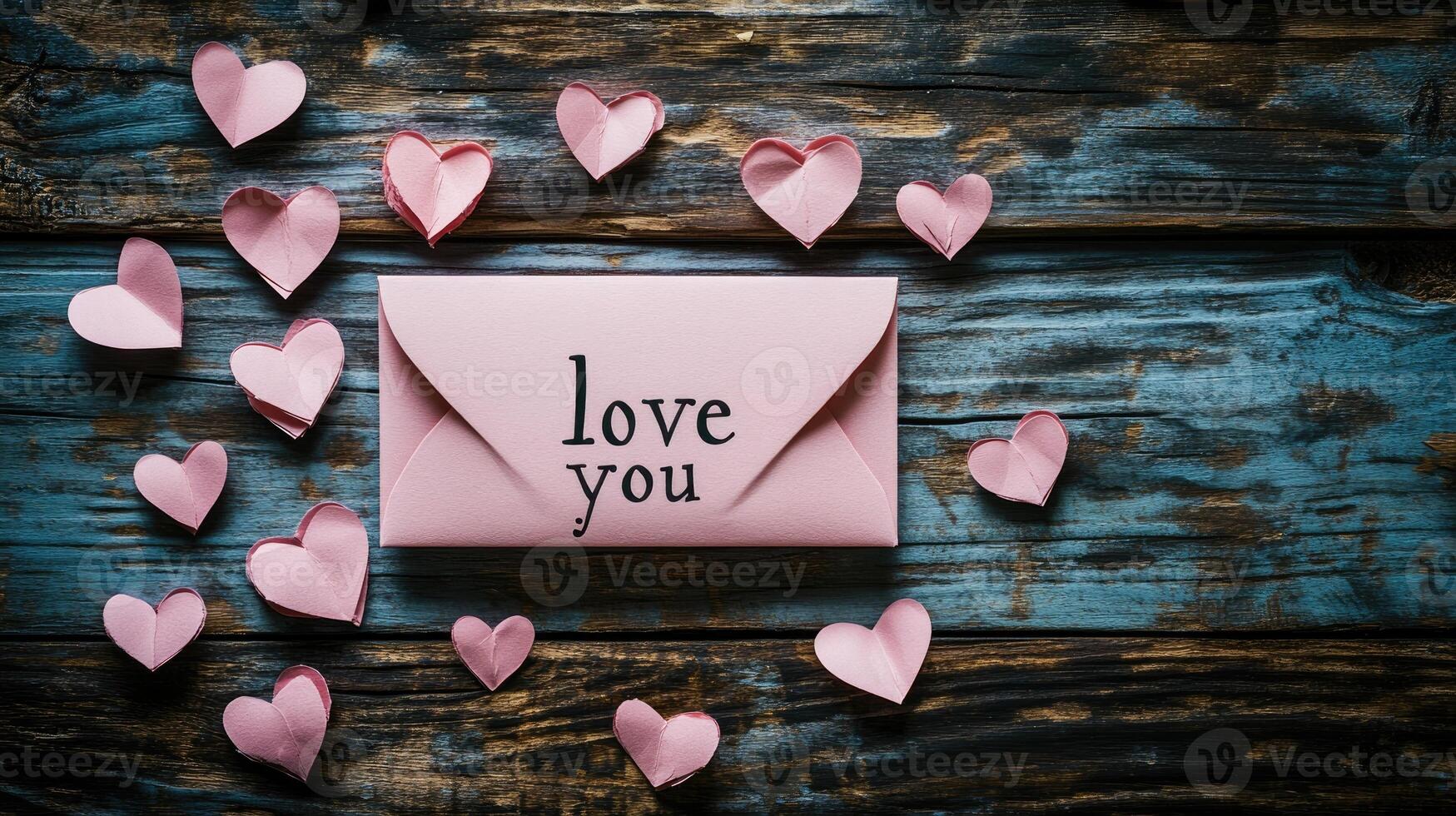 Pink envelope saying love you lying on wooden table decorated with pink and copper hearts photo