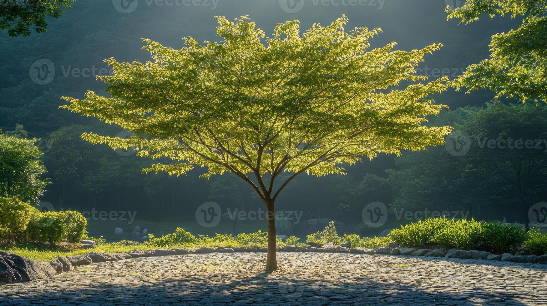 Lone tree standing in cobblestone courtyard with backlight photo