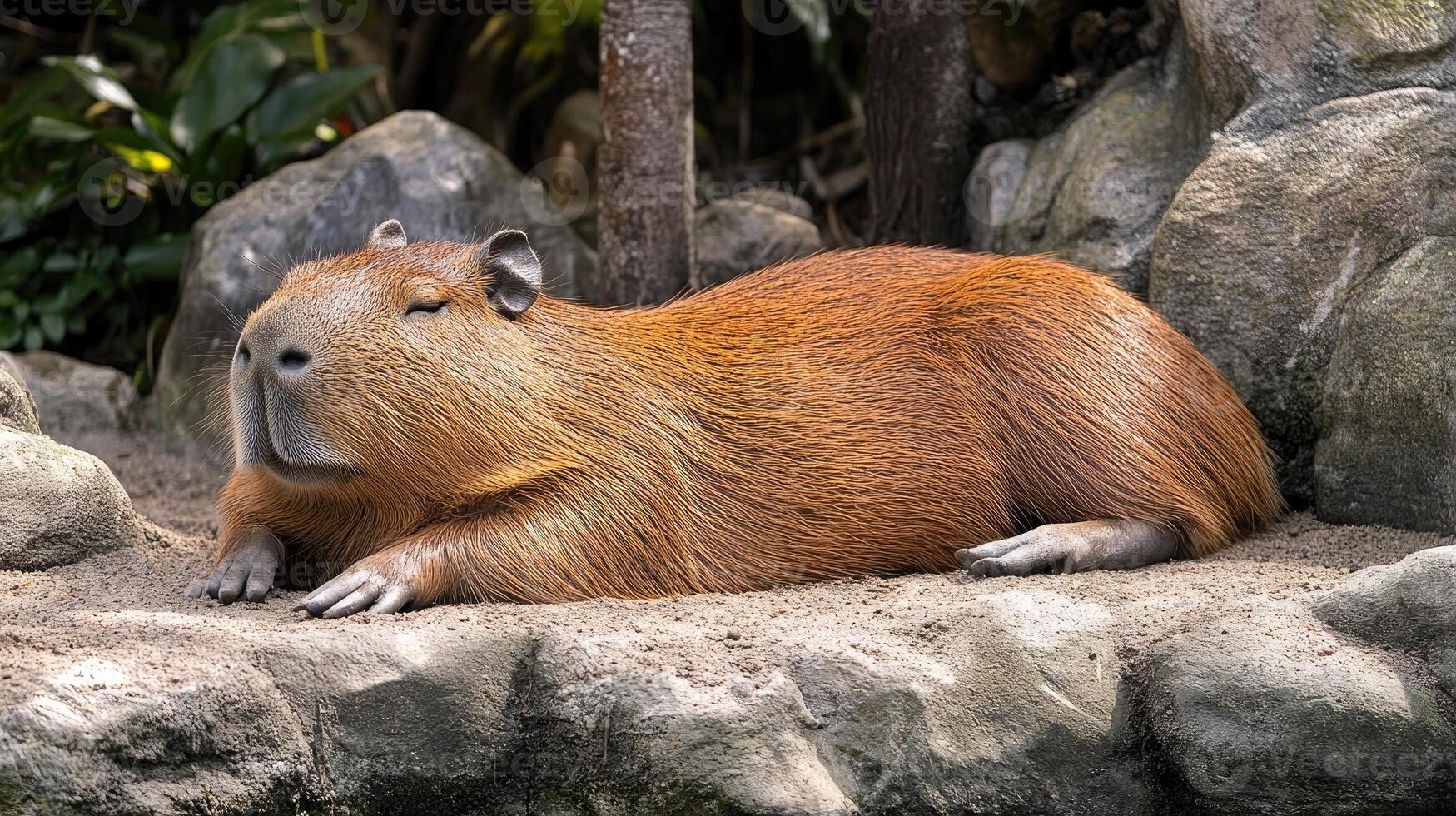 Capybara resting on riverbank in natural habitat photo