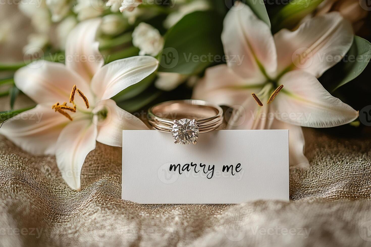 Elegant engagement ring resting on marry me card amidst lilies photo