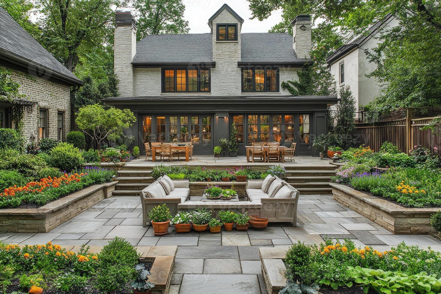 Beautiful backyard patio with raised flower beds leading to house photo