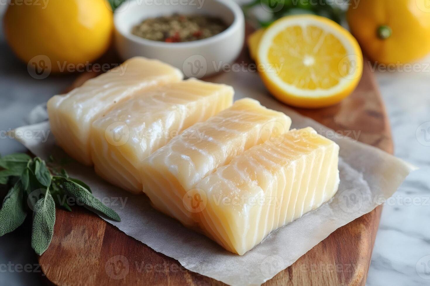 Fresh cod fillets prepared for cooking with lemon and herbs photo