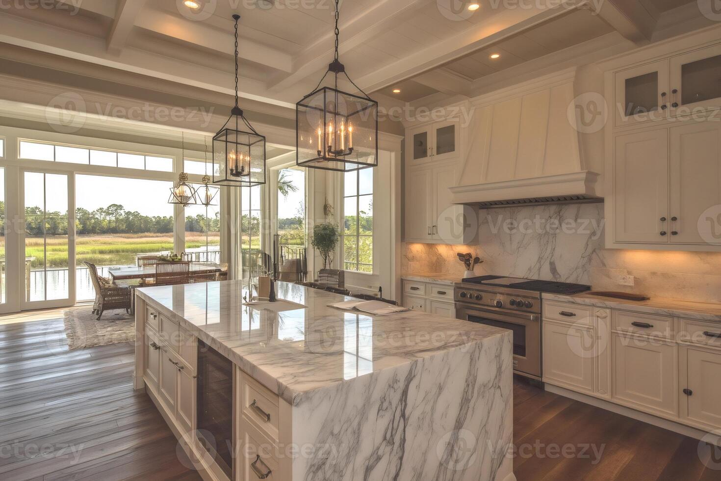 Modern luxury kitchen boasting marble countertops and scenic lake view photo