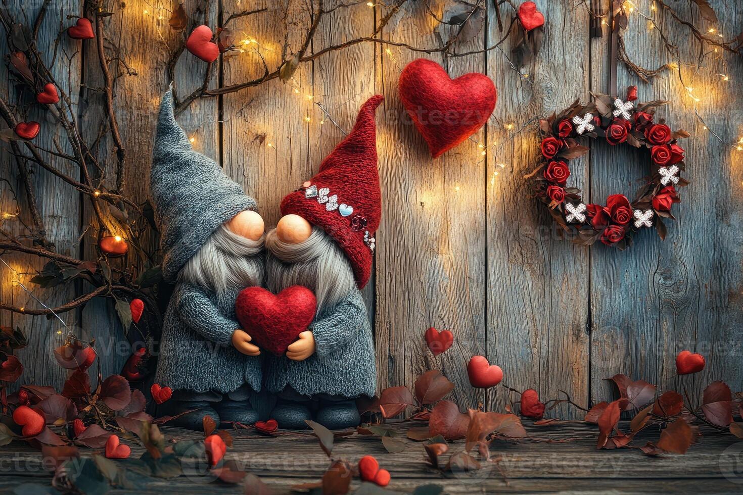 Two gnomes holding heart celebrating valentine's day with romantic decorations photo