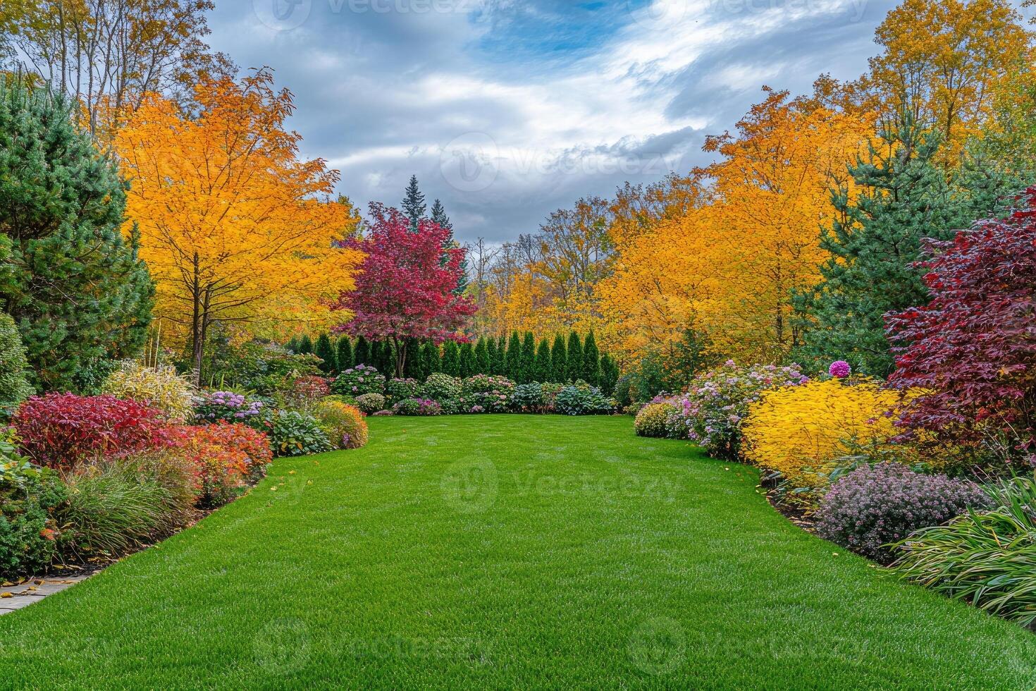 Lush green lawn surrounded by vibrant autumn foliage in landscaped garden photo
