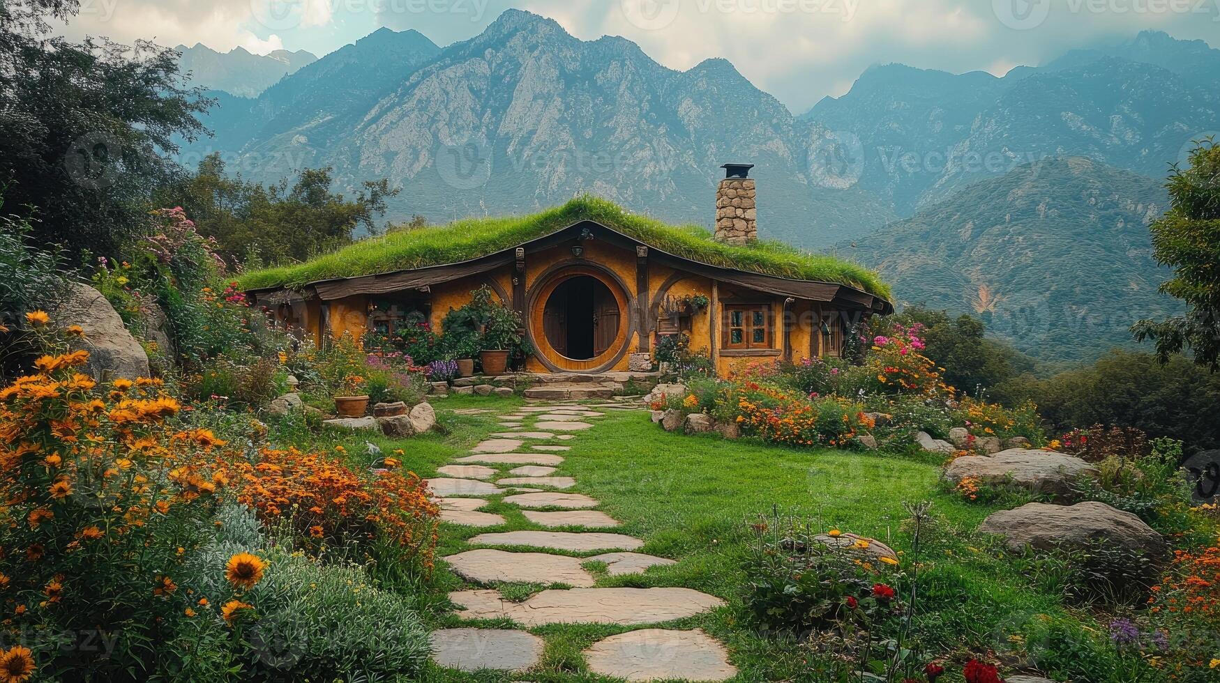 Cozy hobbit house nestled in a blooming mountain valley at sunrise photo