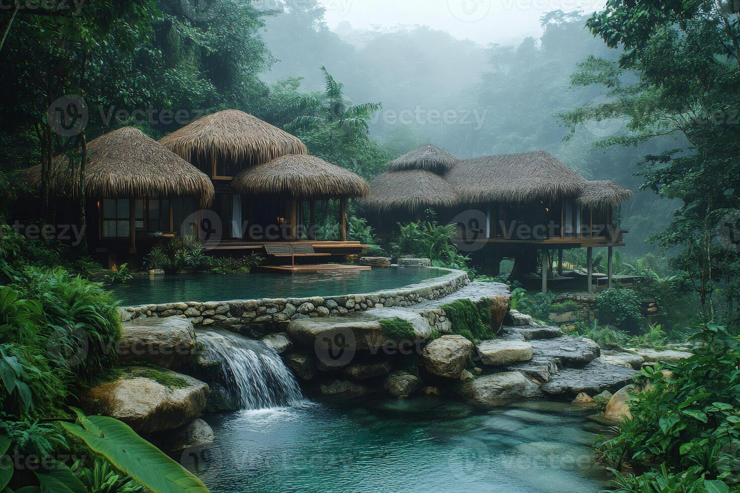 Luxurious tropical bungalows with infinity pool overlooking misty rainforest photo