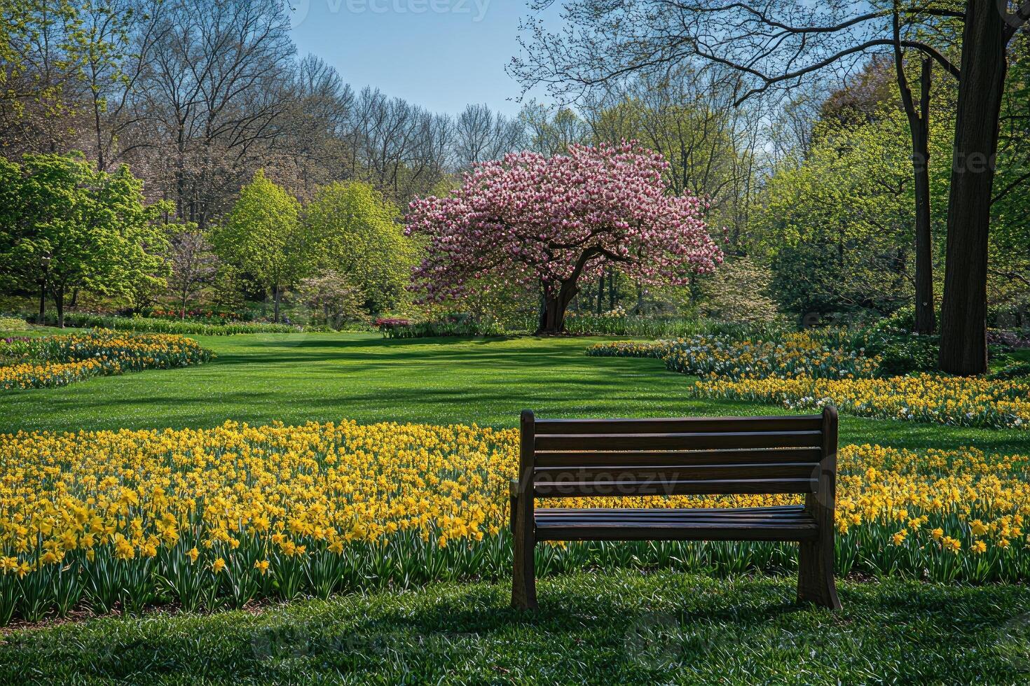 Blooming pink tree and yellow daffodils creating stunning spring landscape in park photo