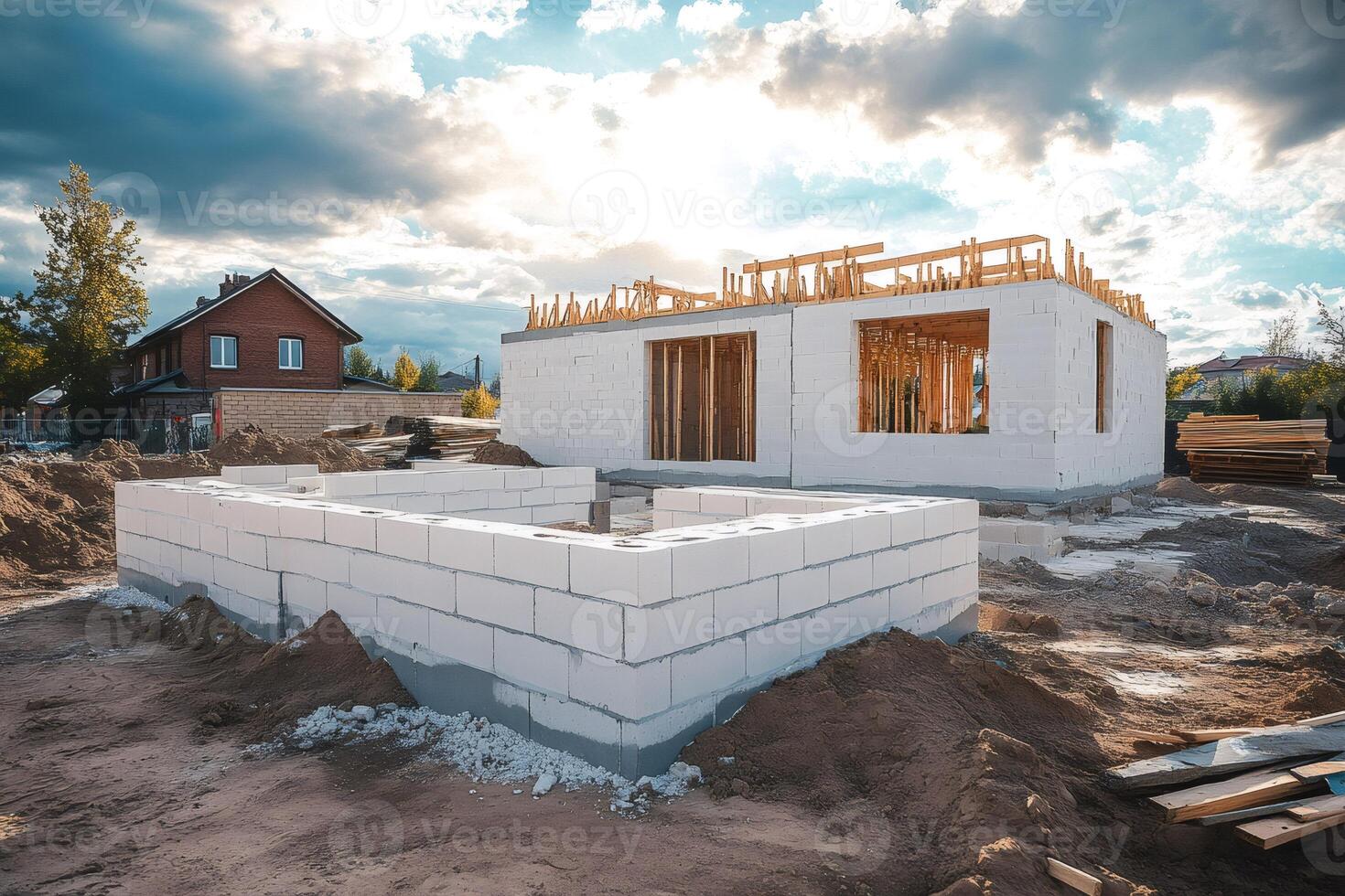 Building under construction with wooden beams and white brick foundation on a building site photo