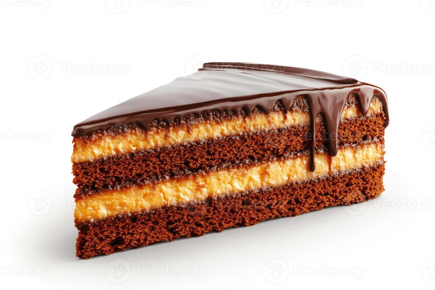 Delicious slice of chocolate cake dripping with ganache on white background photo