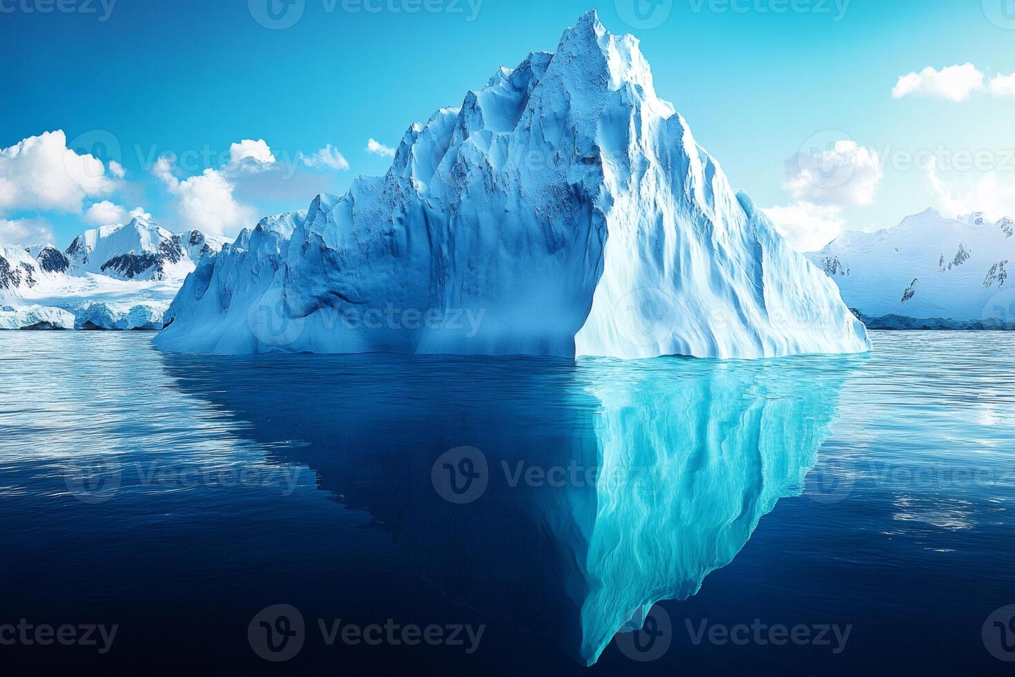Giant iceberg floating in the ocean reflecting on calm water with snowy mountains in the background photo