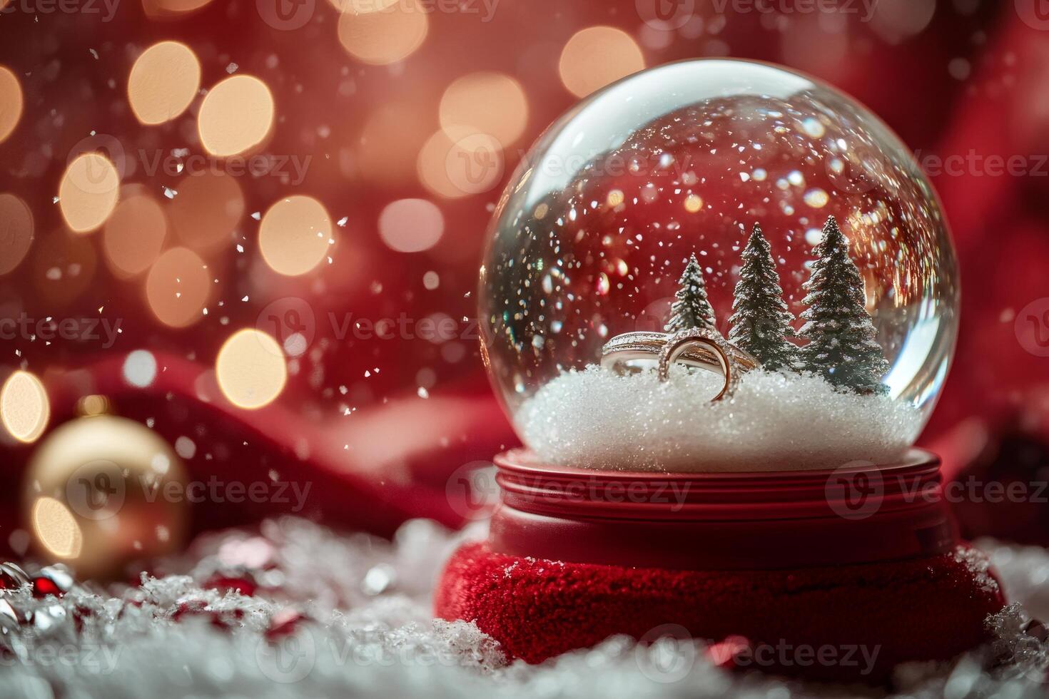 Wedding rings in christmas snow globe with falling snowflakes and festive bokeh lights photo